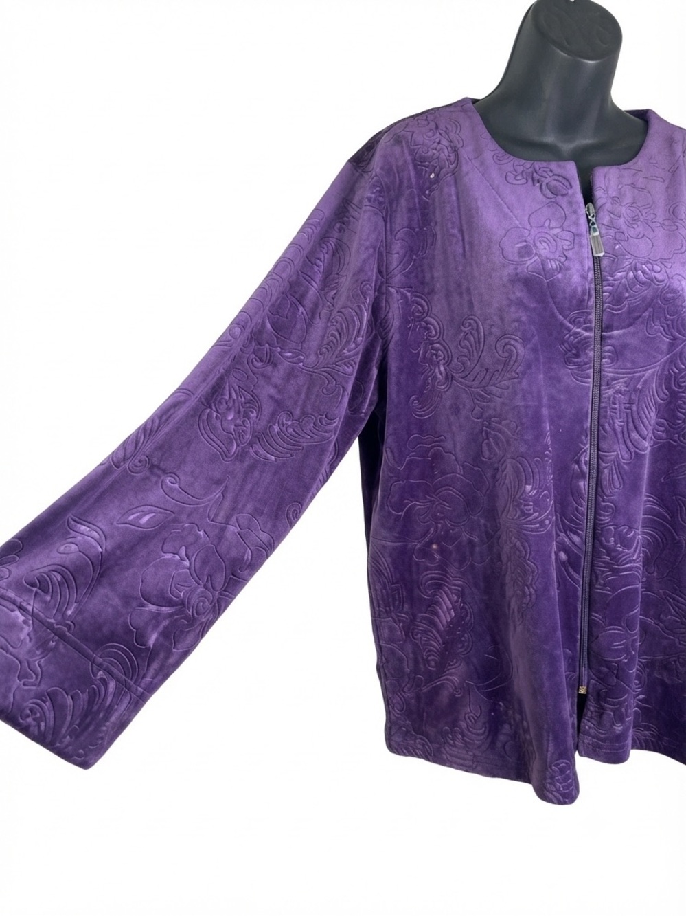 Miss Elaine dark purple embossed fleece zip-front lounge jacket xl - Picture 3 of 13
